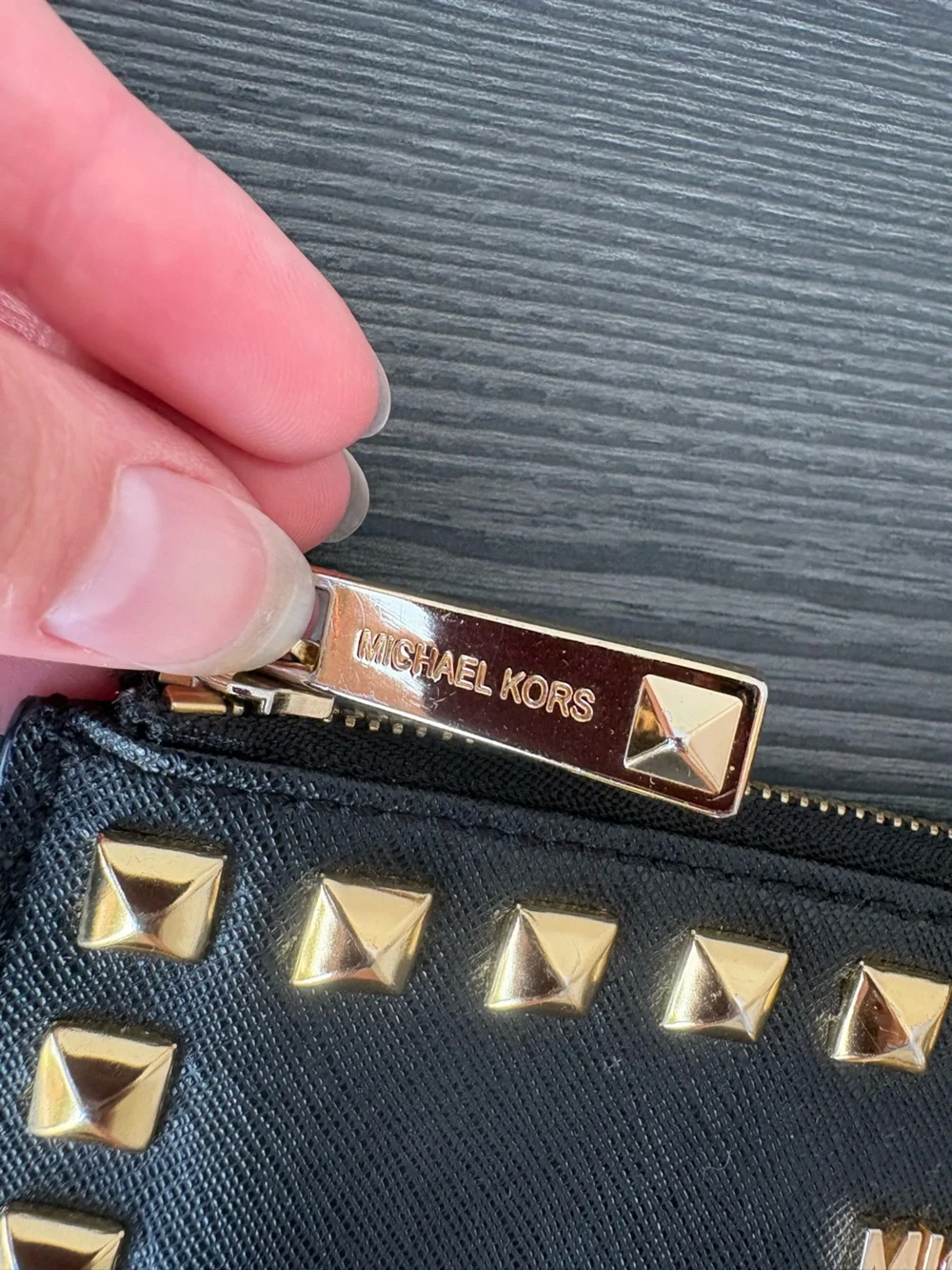 Michael Kors Studded Saffiano Leather Zip Wristlet Wallet Black Gold
